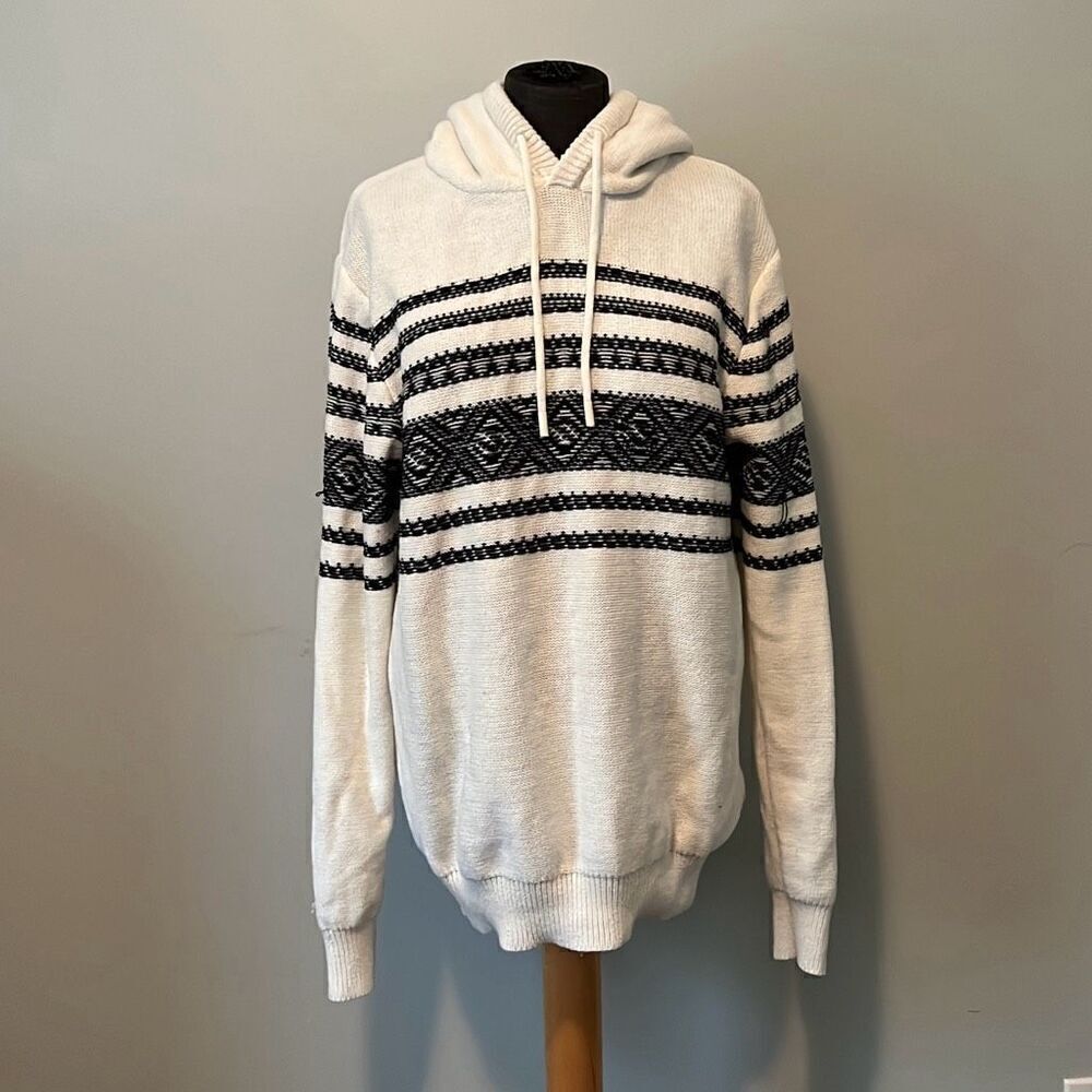 Nick Danger Men's Off-White Knit Striped Lined Hooded Pullover Sweater Large